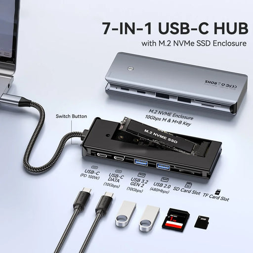 ESSAGER 7-in-1 Docking Station USB Hub Type-C to 2xUSB-C + USB3.2 + USB2.0 + SD / TF Card Slot + Hard Disk Enclosure - 2
