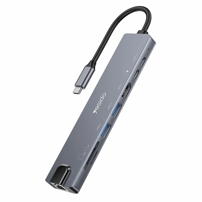 YESIDO HB27 8-in-1 USB Hub Docking Station Type-C to 2xUSB3.0 + USB-C3.0 Data + PD 100W + RJ45 + SD / TF + 4K HD Adapter - 1