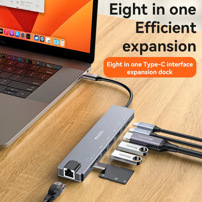 YESIDO HB27 8-in-1 USB Hub Docking Station Type-C to 2xUSB3.0 + USB-C3.0 Data + PD 100W + RJ45 + SD / TF + 4K HD Adapter - 5