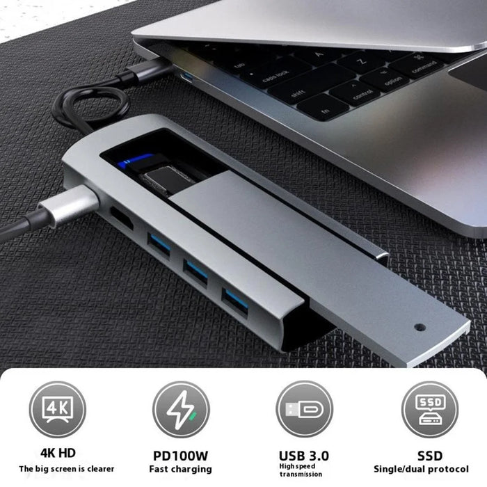 FX-2303 6-in-1 Type-C Hub M.2 SATA SSD Enclosure with 4K HD, 100W PD, 3x USB 3.0 Port - 2