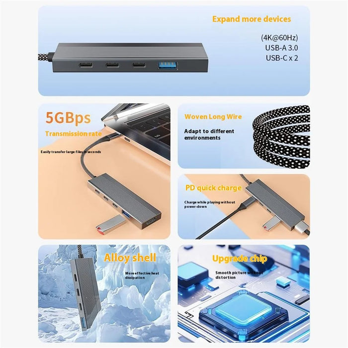 5-in-1 Docking Station Type-C Hub with 4K 60Hz HD + 2x USB-C + USB 3.0 + PD Charging Port - 4