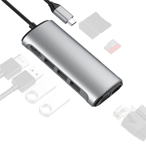 FX-1926B 8 in 1 Type-C Hub Dongle with HD 4K@60Hz / RJ45 Ethernet / 100W Power Delivery / SD / TF Card Reader - 1