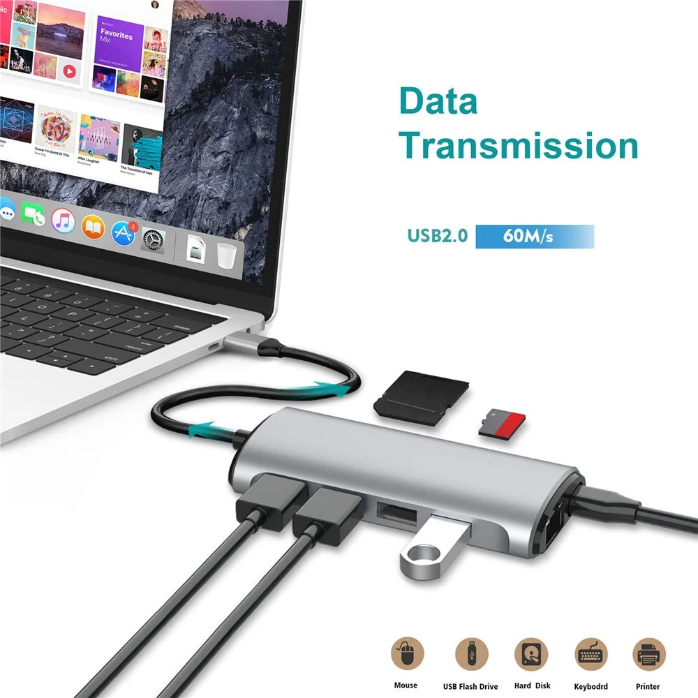 FX-1926B 8 in 1 Type-C Hub Dongle with HD 4K@60Hz / RJ45 Ethernet / 100W Power Delivery / SD / TF Card Reader - 5