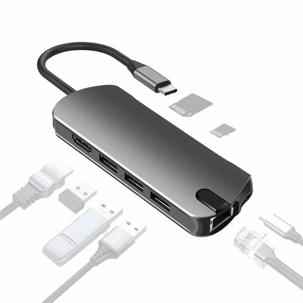 FX-1916 Type-C HUB 8 in 1 USB-C Adapter with 4K@30Hz HD  /  100W PD USB C Port  /  USB 3.0  /  RJ45 Ethernet  /  SD  /  TF Card Reader Docking Station - 1
