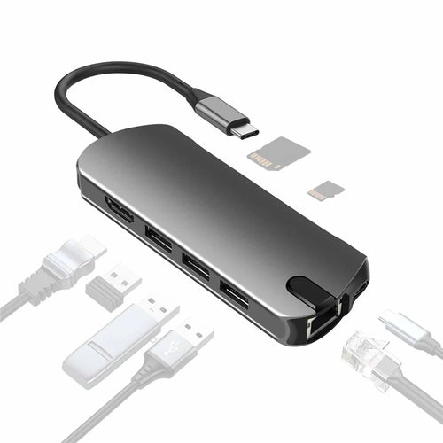 FX-1916 Type-C HUB 8 in 1 USB-C Adapter with 4K@30Hz HD  /  100W PD USB C Port  /  USB 3.0  /  RJ45 Ethernet  /  SD  /  TF Card Reader Docking Station - 1