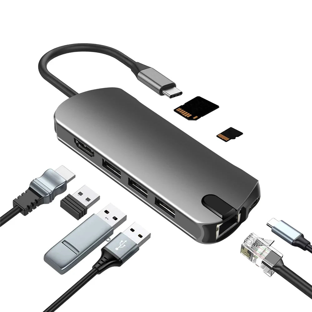 FX-1916 Type-C HUB 8 in 1 USB-C Adapter with 4K@30Hz HD  /  100W PD USB C Port  /  USB 3.0  /  RJ45 Ethernet  /  SD  /  TF Card Reader Docking Station - 2