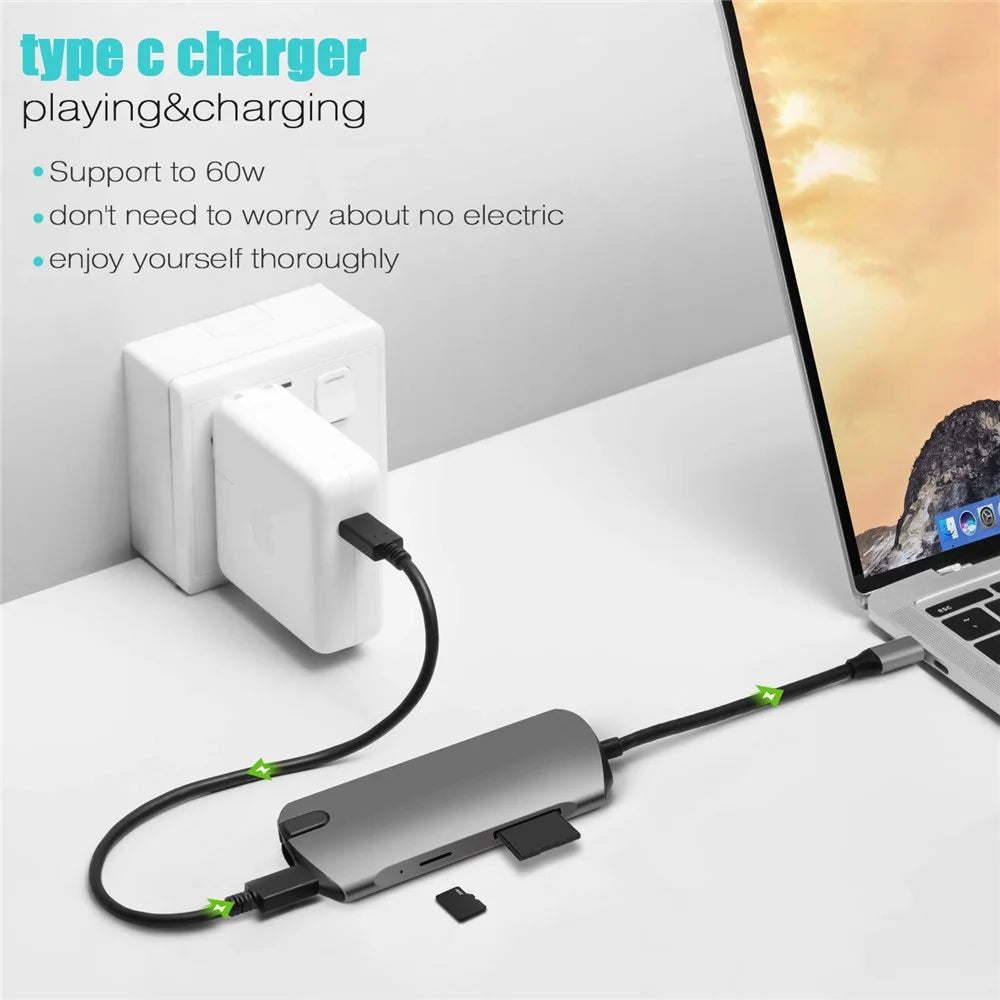 FX-1916 Type-C HUB 8 in 1 USB-C Adapter with 4K@30Hz HD  /  100W PD USB C Port  /  USB 3.0  /  RJ45 Ethernet  /  SD  /  TF Card Reader Docking Station - 3