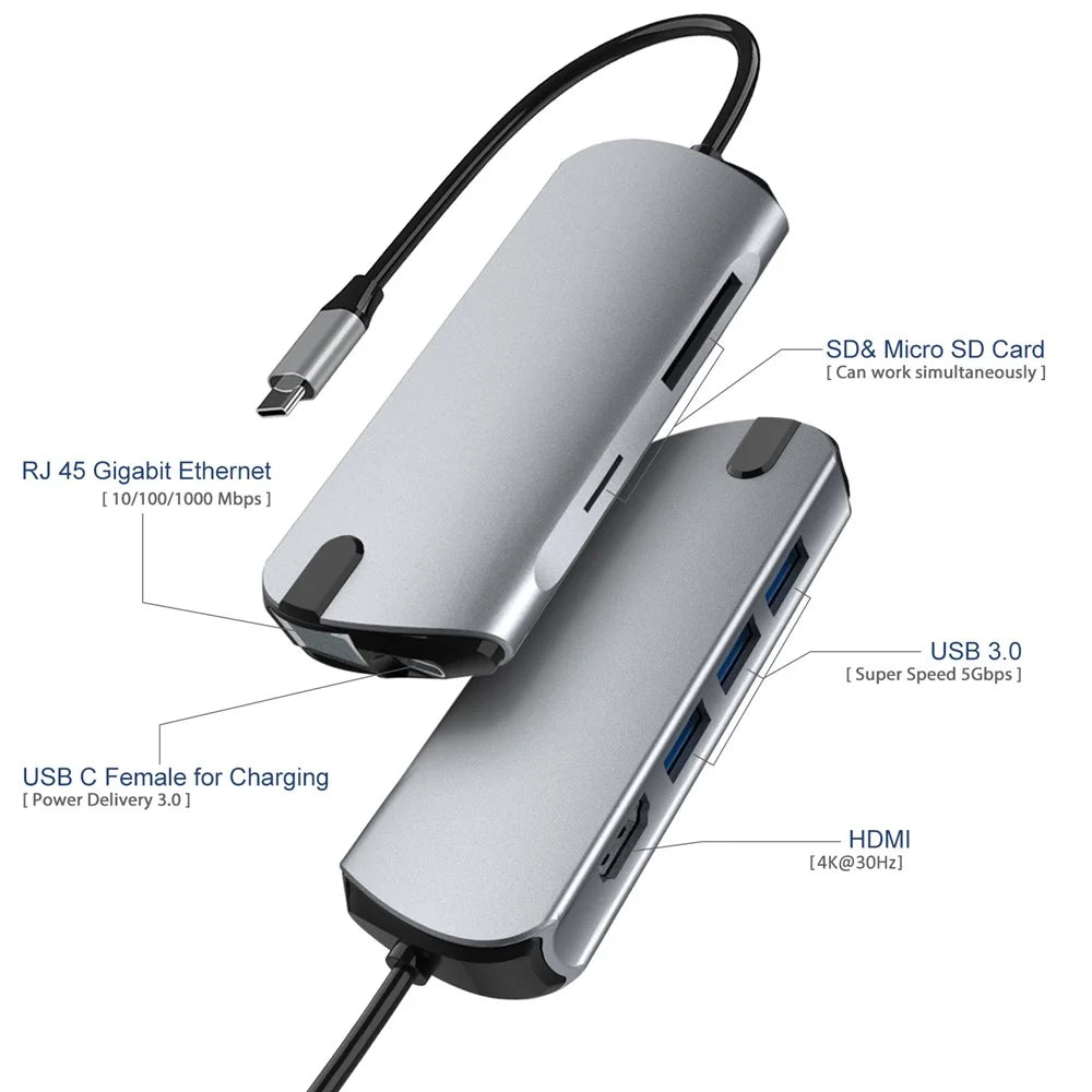 FX-1916 Type-C HUB 8 in 1 USB-C Adapter with 4K@30Hz HD  /  100W PD USB C Port  /  USB 3.0  /  RJ45 Ethernet  /  SD  /  TF Card Reader Docking Station - 6