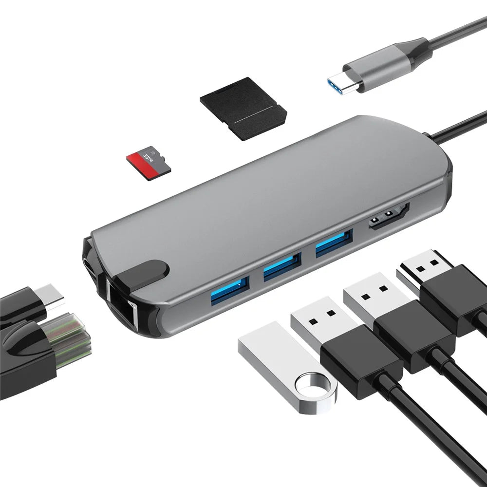 FX-1916 Type-C HUB 8 in 1 USB-C Adapter with 4K@30Hz HD  /  100W PD USB C Port  /  USB 3.0  /  RJ45 Ethernet  /  SD  /  TF Card Reader Docking Station - 7