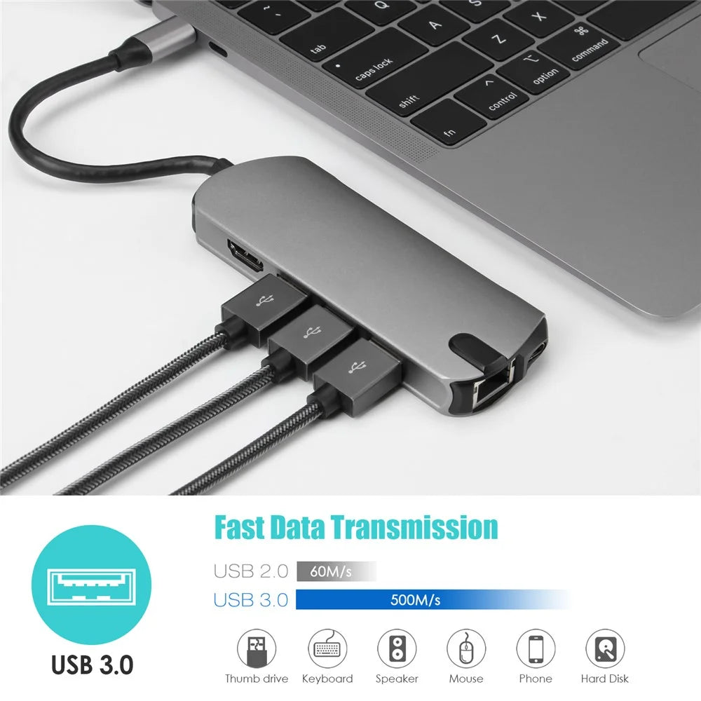 FX-1916 Type-C HUB 8 in 1 USB-C Adapter with 4K@60Hz HD / 100W PD USB C Port / USB 3.0 / RJ45 Ethernet / SD / TF Card Reader Docking Station - 6