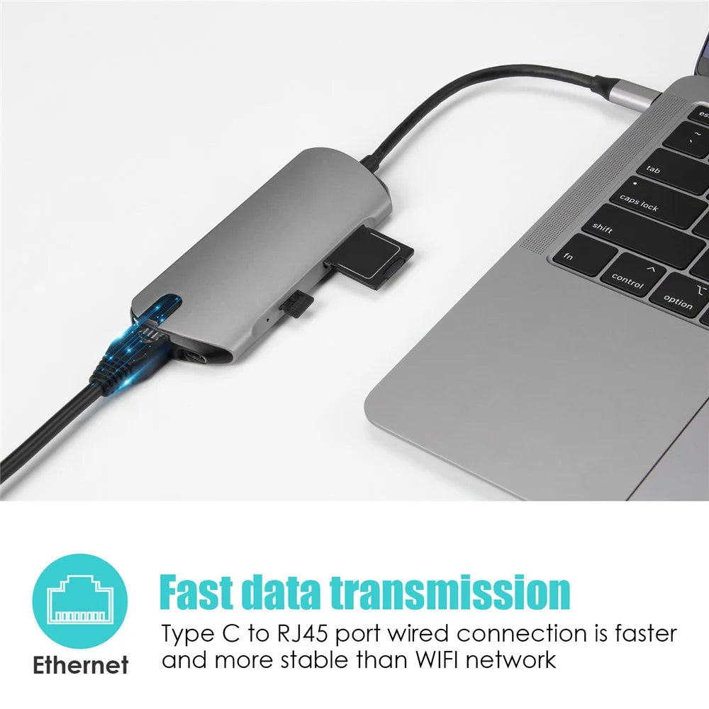 FX-1916 Type-C HUB 8 in 1 USB-C Adapter with 4K@60Hz HD / 100W PD USB C Port / USB 3.0 / RJ45 Ethernet / SD / TF Card Reader Docking Station - 7