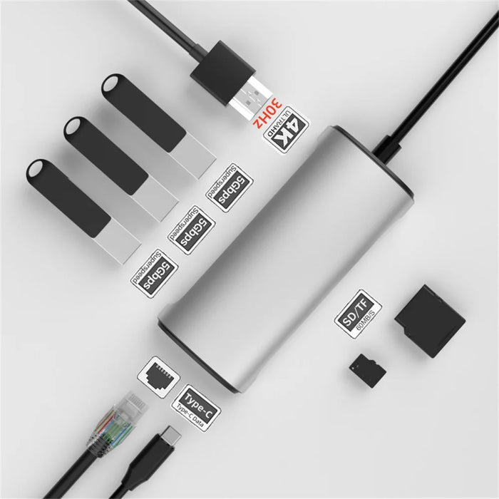 FX-1926 8-in-1 Type-C Hub with 4K HD, Gigabit Ethernet, 3x USB 3.0 Ports, SD / TF Card Reader - 2