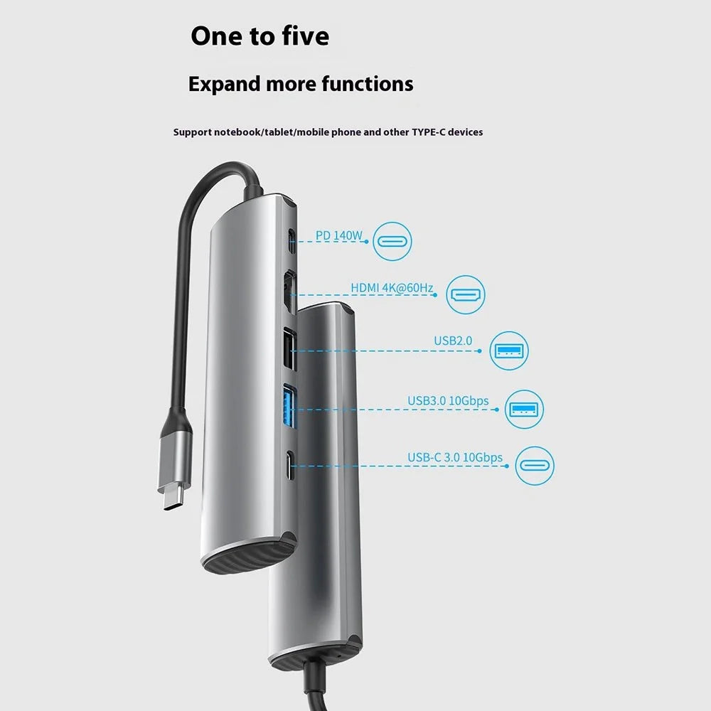 FX-2310C 5-in-1 Data Transfer Type-C Hub with 4K 60Hz HD, USB-A / USB-C and PD 140W Charging Port - 4