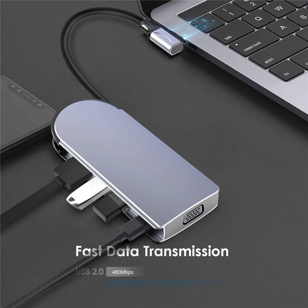 FX-1939C Docking Station Type-C to USB-C + 4xUSB2.0 + SD / TF Card Slot + 3.5mm + 4K HD + VGA + RJ45 USB Hub Adapter - 3
