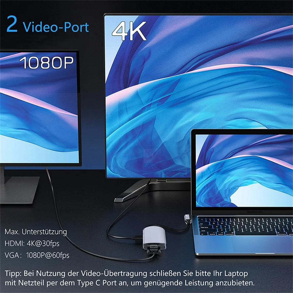 FX-1939C Docking Station Type-C to USB-C + 4xUSB2.0 + SD / TF Card Slot + 3.5mm + 4K HD + VGA + RJ45 USB Hub Adapter - 4