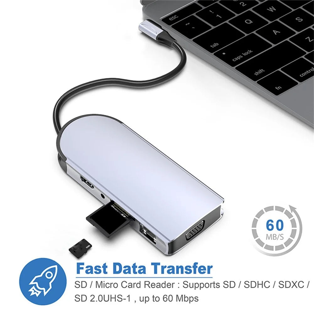 FX-1939C Docking Station Type-C to USB-C + 4xUSB2.0 + SD / TF Card Slot + 3.5mm + 4K HD + VGA + RJ45 USB Hub Adapter - 5