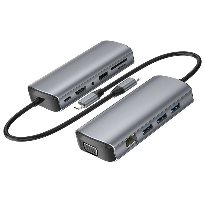 1928 11-in-1 Docking Station Type-C to USB-C + USB2.0 + 3xUSB3.0 + SD / TF Card Slot + 3.5mm + 4K HD + VGA + RJ45 USB Hub Adapter - 1