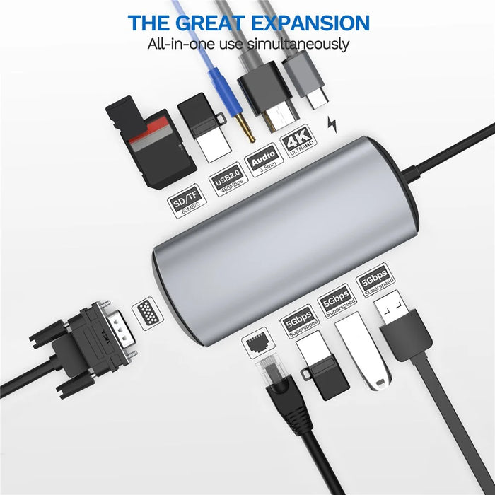 1928 11-in-1 Docking Station Type-C to USB-C + USB2.0 + 3xUSB3.0 + SD / TF Card Slot + 3.5mm + 4K HD + VGA + RJ45 USB Hub Adapter - 2