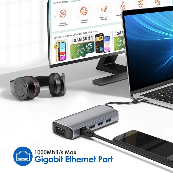 1928 11-in-1 Docking Station Type-C to USB-C + USB2.0 + 3xUSB3.0 + SD / TF Card Slot + 3.5mm + 4K HD + VGA + RJ45 USB Hub Adapter - 3