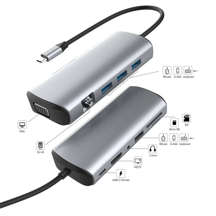 1928 11-in-1 Docking Station Type-C to USB-C + USB2.0 + 3xUSB3.0 + SD / TF Card Slot + 3.5mm + 4K HD + VGA + RJ45 USB Hub Adapter - 5