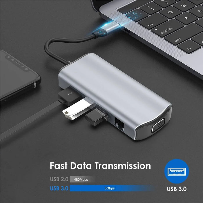 1928 11-in-1 Docking Station Type-C to USB-C + USB2.0 + 3xUSB3.0 + SD / TF Card Slot + 3.5mm + 4K HD + VGA + RJ45 USB Hub Adapter - 6