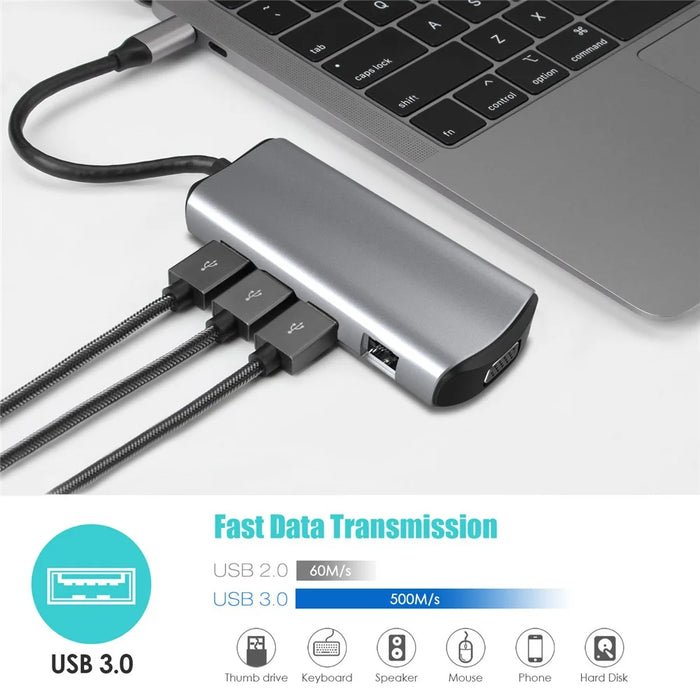 1928 11-in-1 Docking Station Type-C to USB-C + USB2.0 + 3xUSB3.0 + SD / TF Card Slot + 3.5mm + 4K HD + VGA + RJ45 USB Hub Adapter - 7