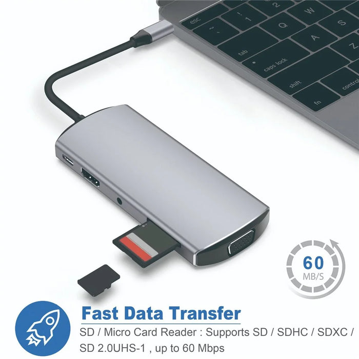 FX-1928G 9-in-1 USB Hub Docking Station Type-C to USB-C + 3xUSB3.0 + SD / TF Card Slot + 3.5mm + 4K HD + VGA Adapter - 3