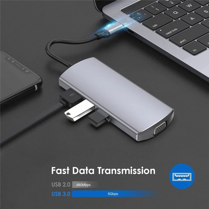 FX-1928G 9-in-1 USB Hub Docking Station Type-C to USB-C + 3xUSB3.0 + SD / TF Card Slot + 3.5mm + 4K HD + VGA Adapter - 6