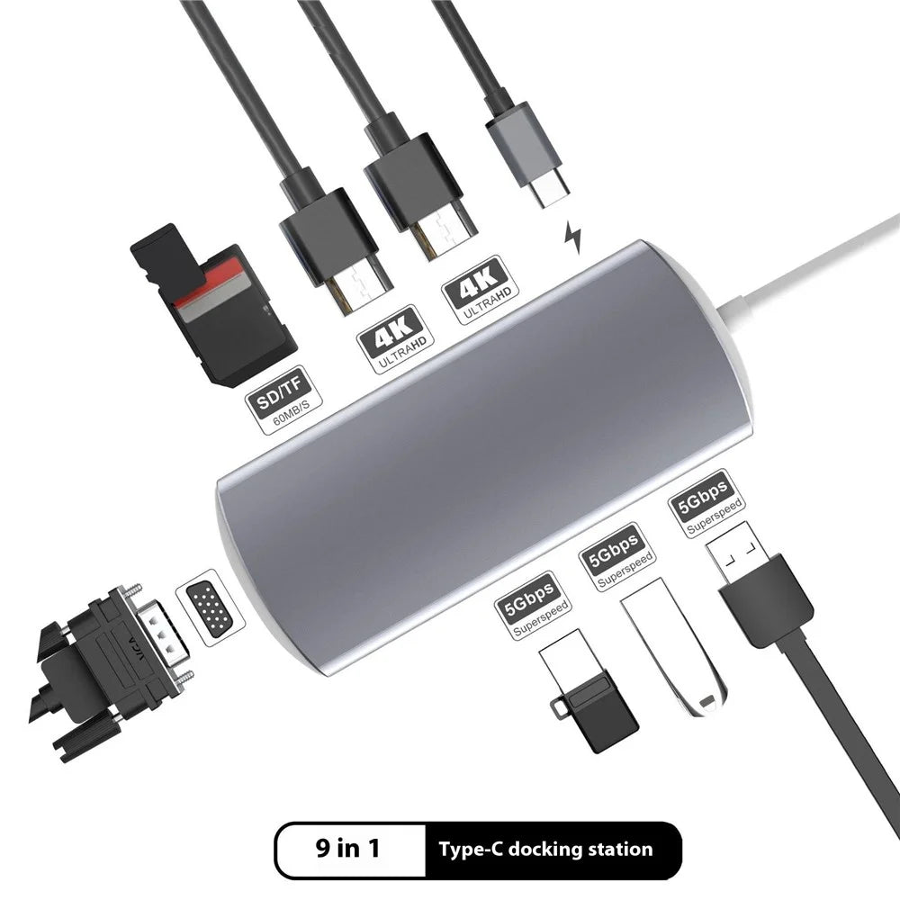 9-in-1 USB Hub Type-C to USB-C + 3xUSB3.0 + SD / TF Card Slot + 2xHD + VGA Adapter Docking Station - 2