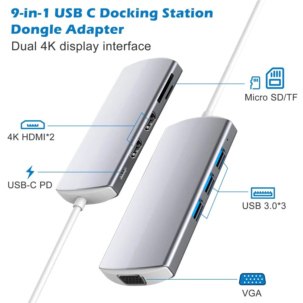 9-in-1 USB Hub Type-C to USB-C + 3xUSB3.0 + SD / TF Card Slot + 2xHD + VGA Adapter Docking Station - 3