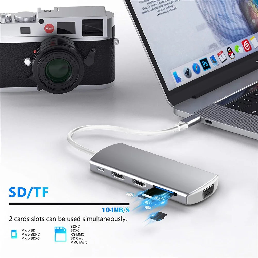 9-in-1 USB Hub Type-C to USB-C + 3xUSB3.0 + SD / TF Card Slot + 2xHD + VGA Adapter Docking Station - 4