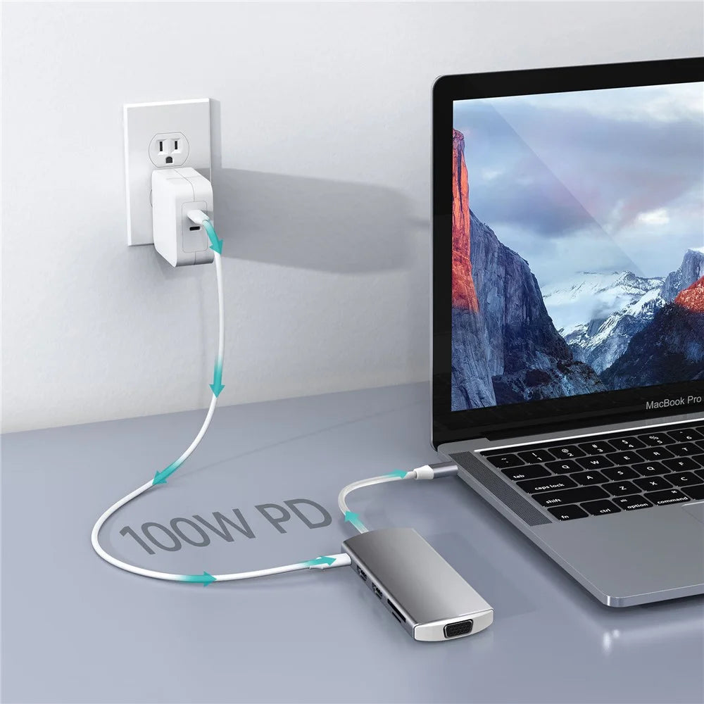 9-in-1 USB Hub Type-C to USB-C + 3xUSB3.0 + SD / TF Card Slot + 2xHD + VGA Adapter Docking Station - 6