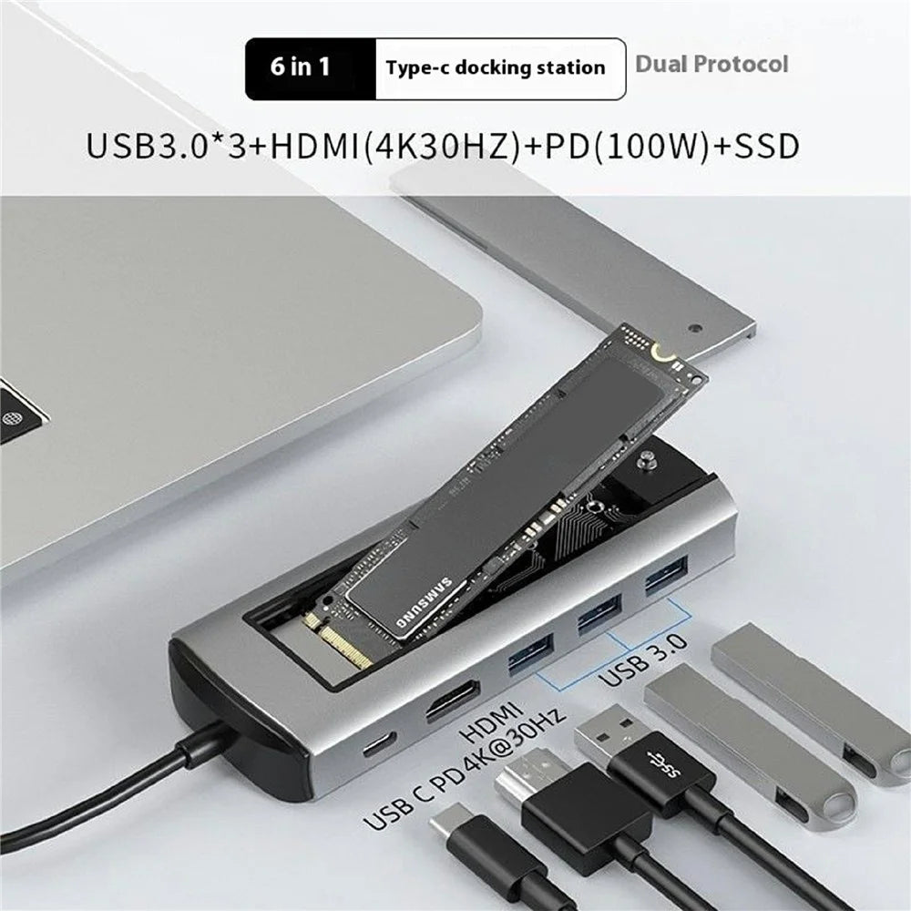 FX-2303A 6-in-1 USB Hub Type-C to 3xUSB3.0 + HD + USB-C PD + Hard Disk Enclosure Docking Station, SATA+NVME Dual Protocol - 2