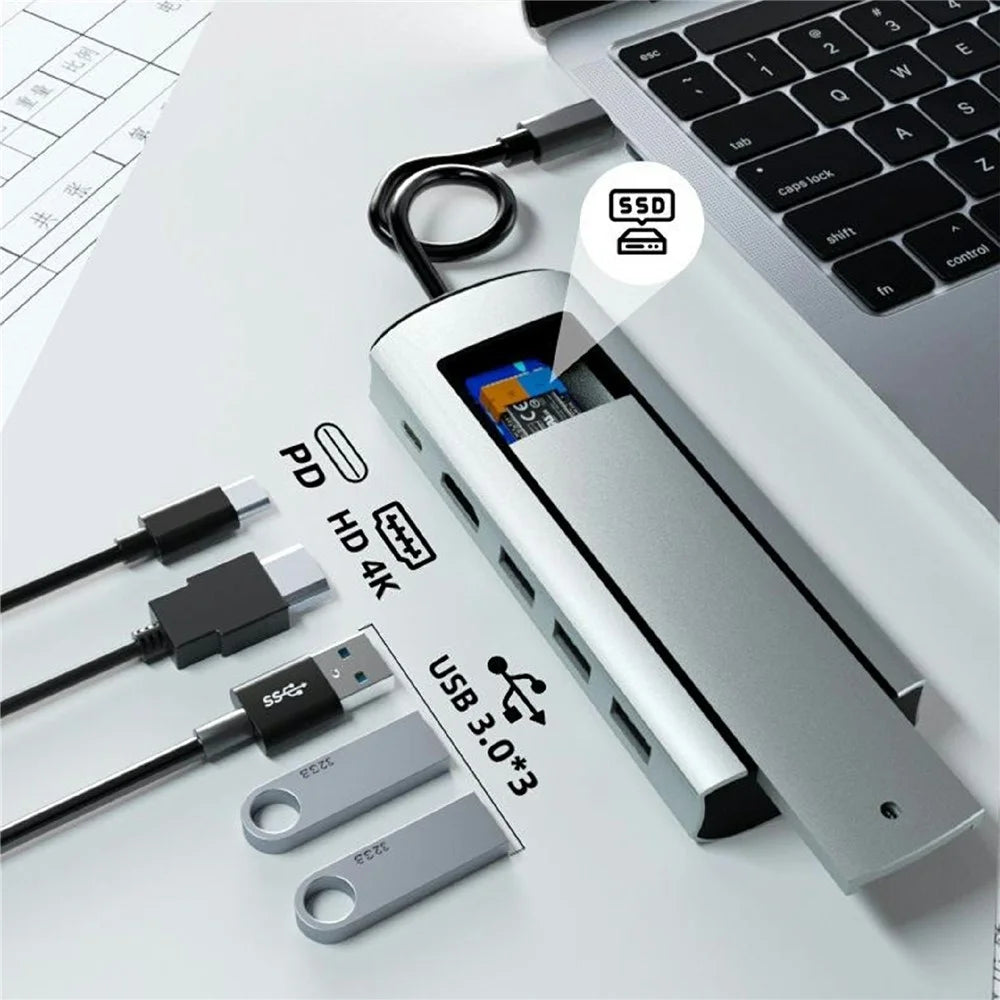 FX-2303A 6-in-1 USB Hub Type-C to 3xUSB3.0 + HD + USB-C PD + Hard Disk Enclosure Docking Station, SATA+NVME Dual Protocol - 3