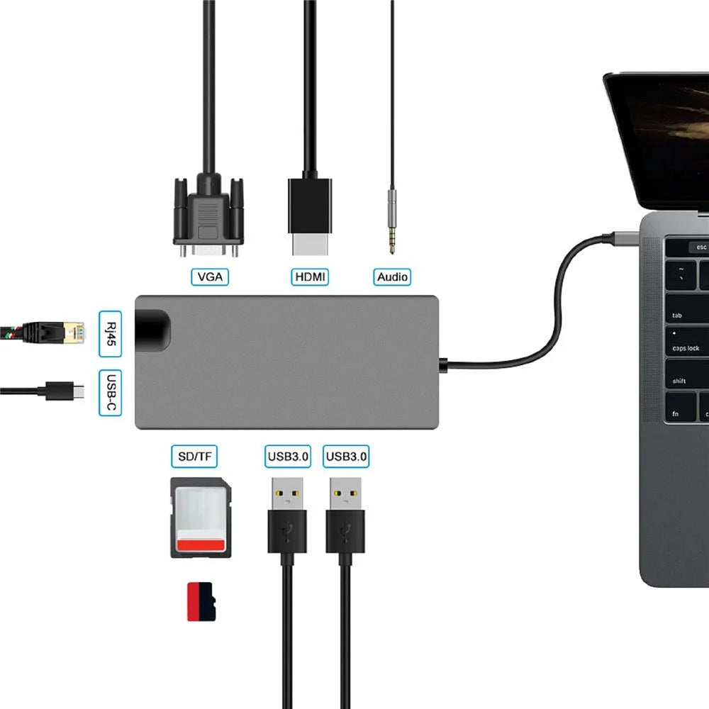 FX-1818 9-in-1 USB Hub Docking Station Type-C to USB-C + 2xUSB3.0 + SD / TF Slot + 3.5mm + HD + VGA + RJ45 Gigabit Adapter - 2