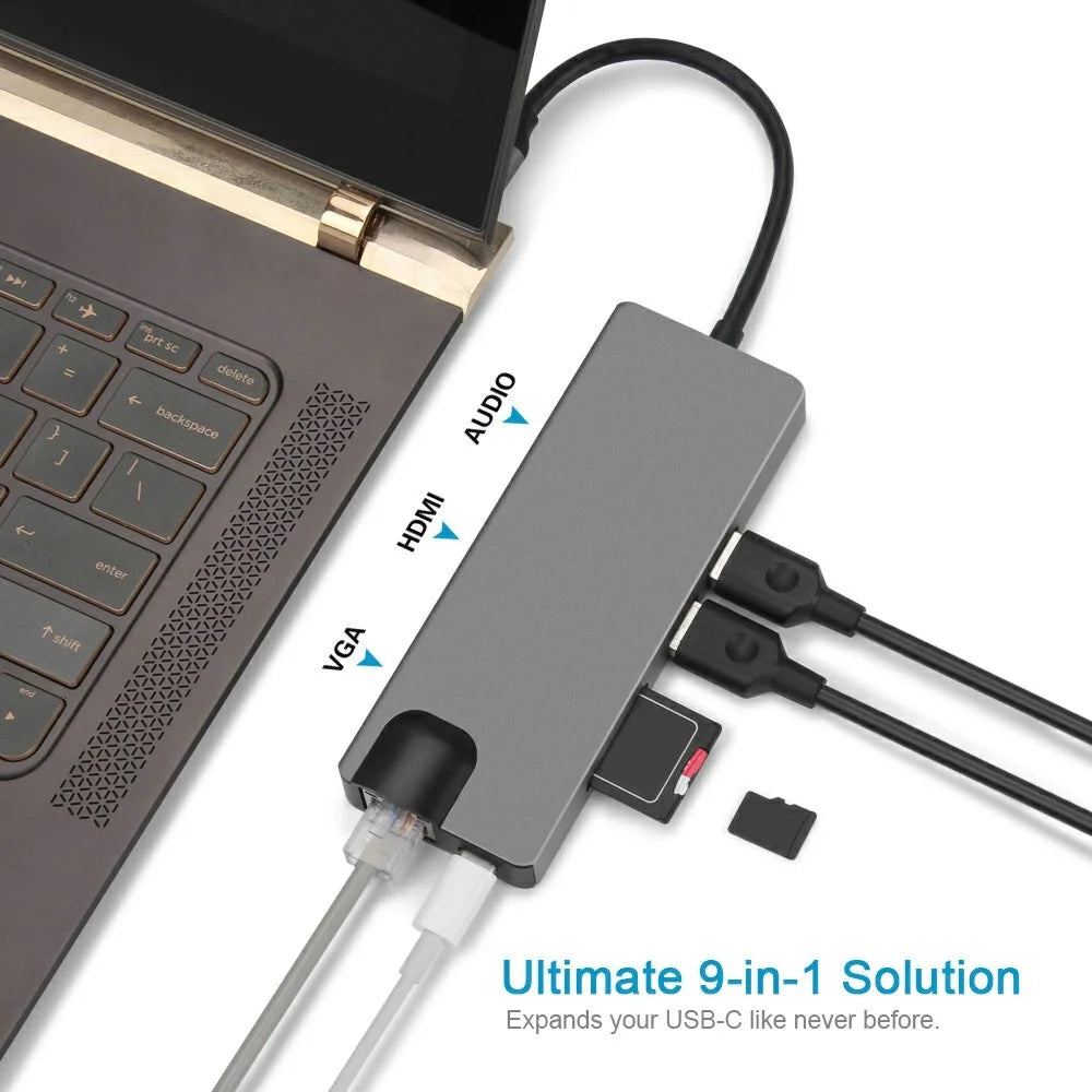 FX-1818 9-in-1 USB Hub Docking Station Type-C to USB-C + 2xUSB3.0 + SD / TF Slot + 3.5mm + HD + VGA + RJ45 Gigabit Adapter - 3