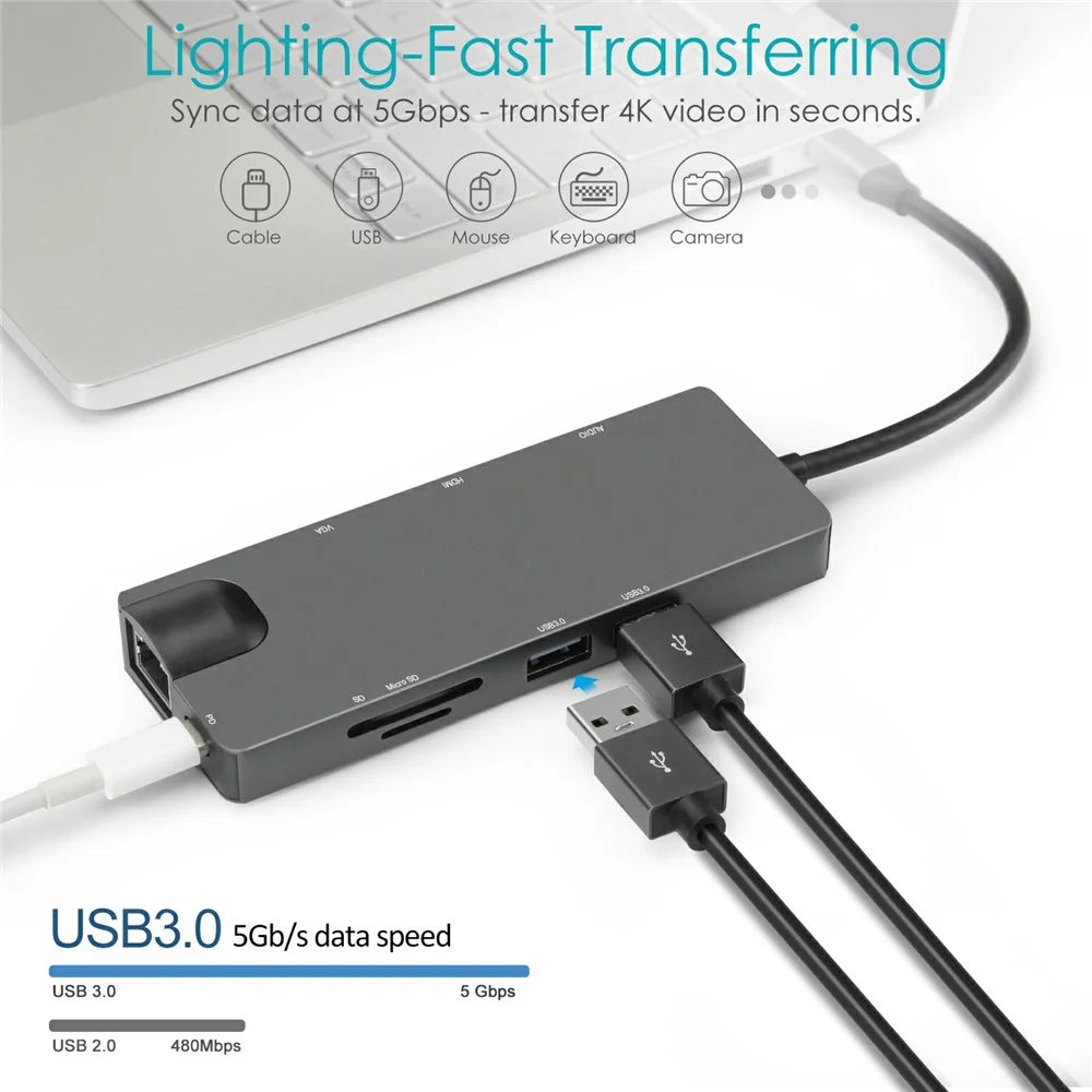 FX-1818 9-in-1 USB Hub Docking Station Type-C to USB-C + 2xUSB3.0 + SD / TF Slot + 3.5mm + HD + VGA + RJ45 Gigabit Adapter - 4