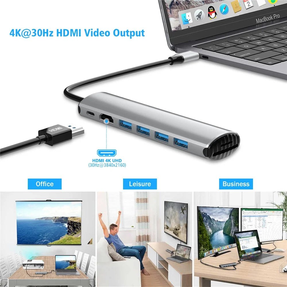 FX-1919H 8-in-1 USB Hub Docking Station Type-C to USB-C + 4xUSB3.0 + SD / TF Slot + 4K HD Adapter - 6