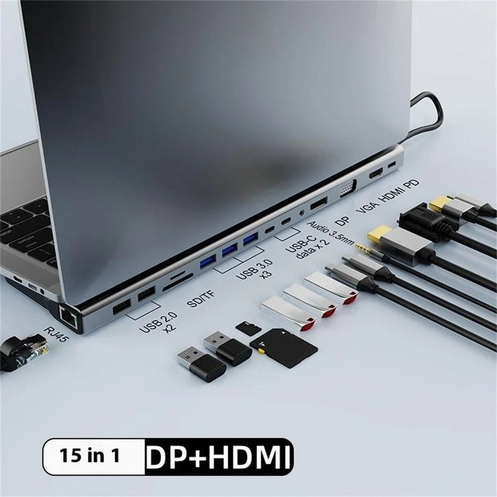 FX-2020C 15-in-1 Type-C Hub with 4K HD, DP, VGA, 100W PD Charging, USB 3.0, RJ45 Ethernet Port - 2