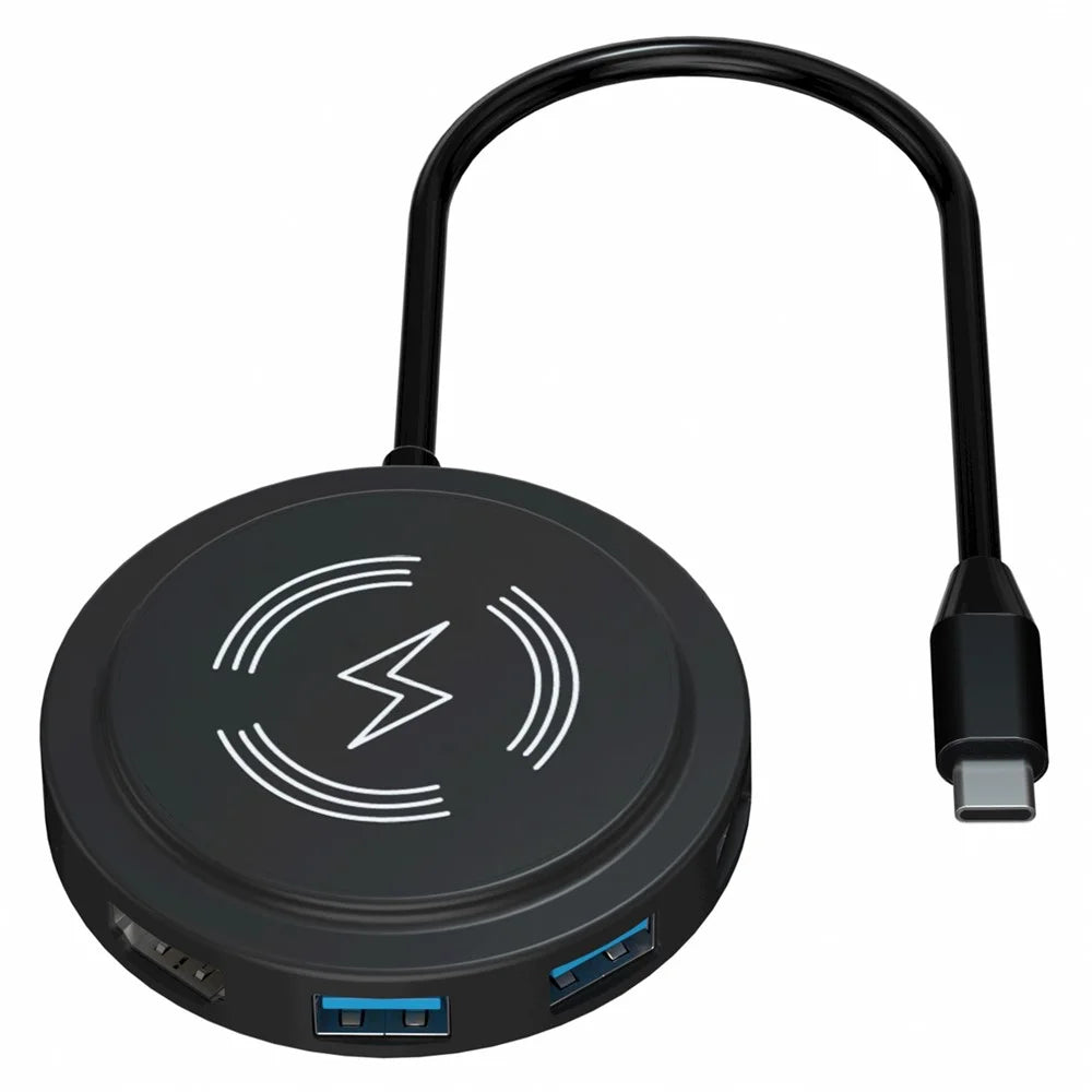 FX-2318A 6-in-1 Type-C Hub 15W Wireless Charger Round Docking Station with 4K HD Output - 1