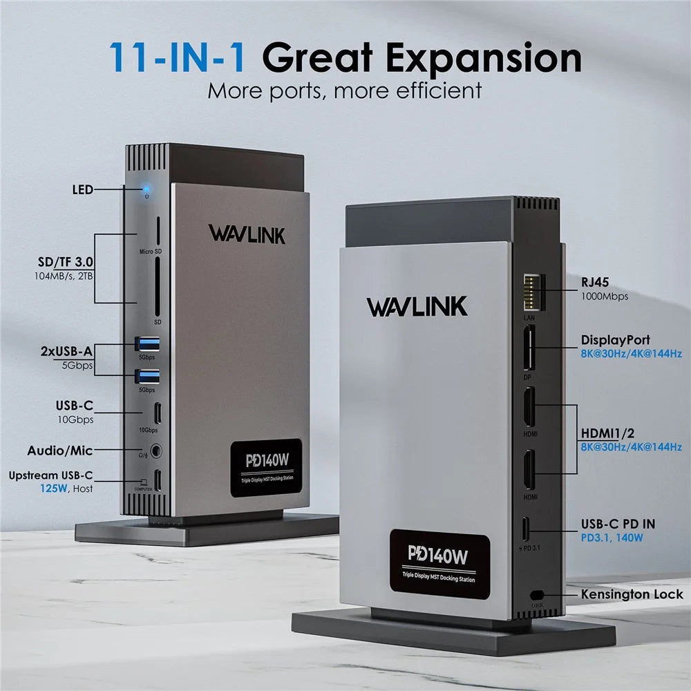 WAVLINK WL-UMD26 11-in-1 USB-C Docking Station with 8K HD, 8K Displayport, and 140W PD 3.1 Charging - 3