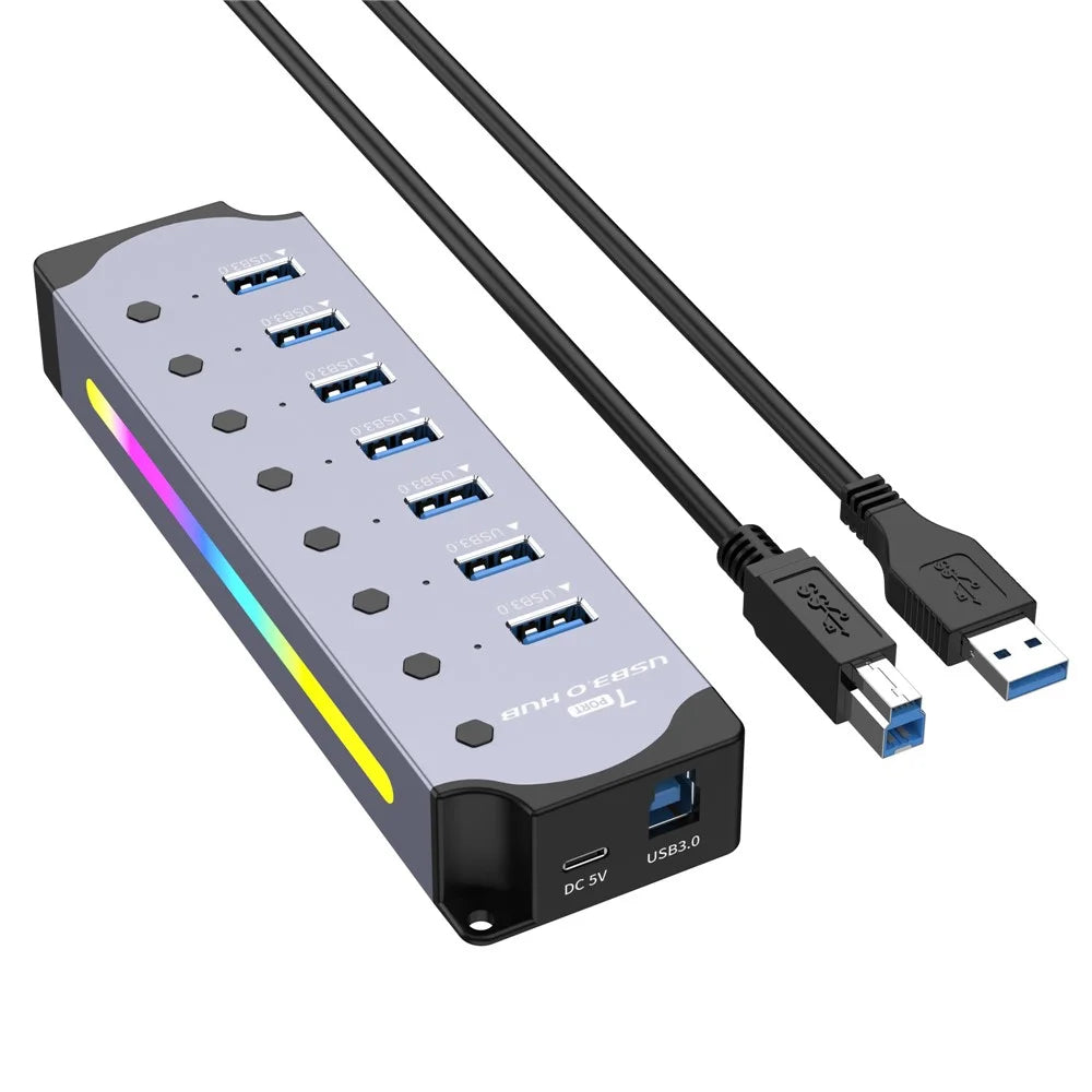 YX-H307 7 Port USB 3.0 Hub with Individual On / Off Switches and Lights 5Gbps Data Transfer for Laptop  /  PC - 1