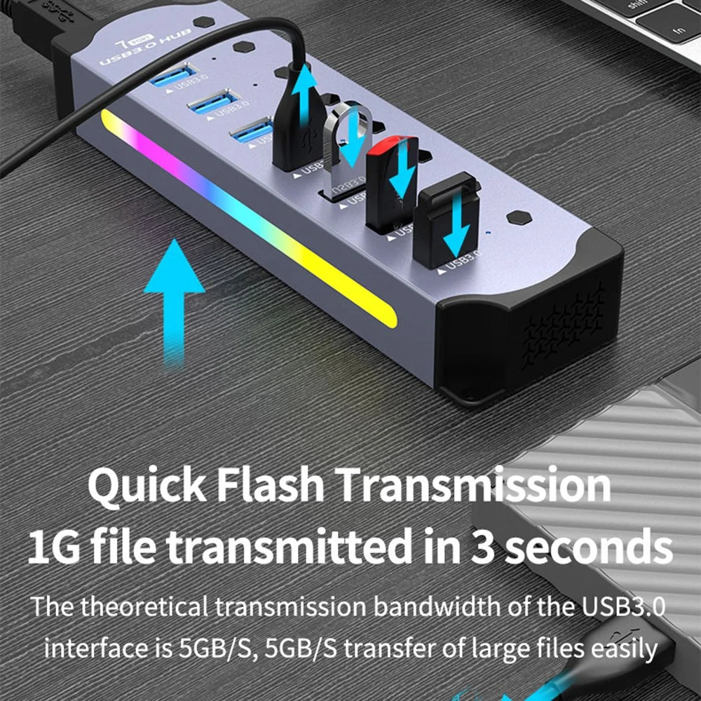 YX-H307 7 Port USB 3.0 Hub with Individual On / Off Switches and Lights 5Gbps Data Transfer for Laptop  /  PC - 2