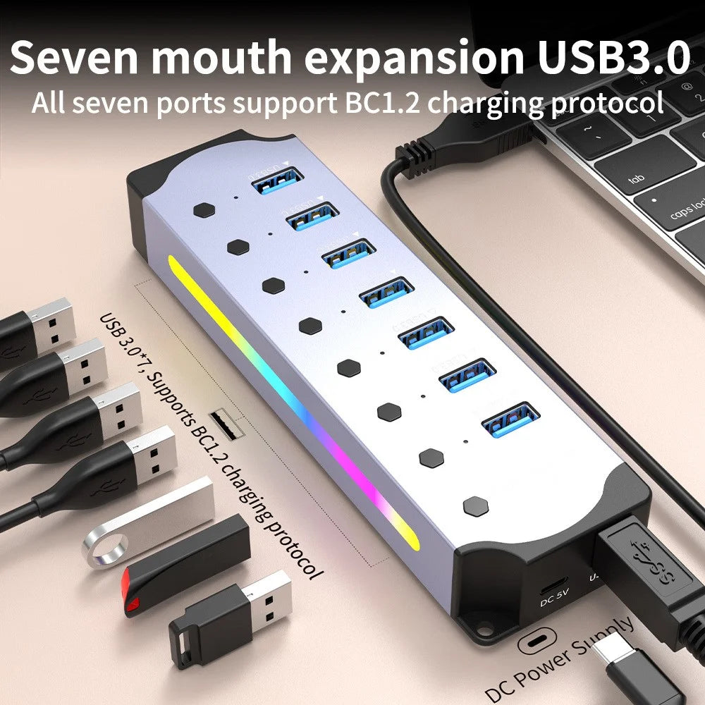 YX-H307 7 Port USB 3.0 Hub with Individual On / Off Switches and Lights 5Gbps Data Transfer for Laptop  /  PC - 5