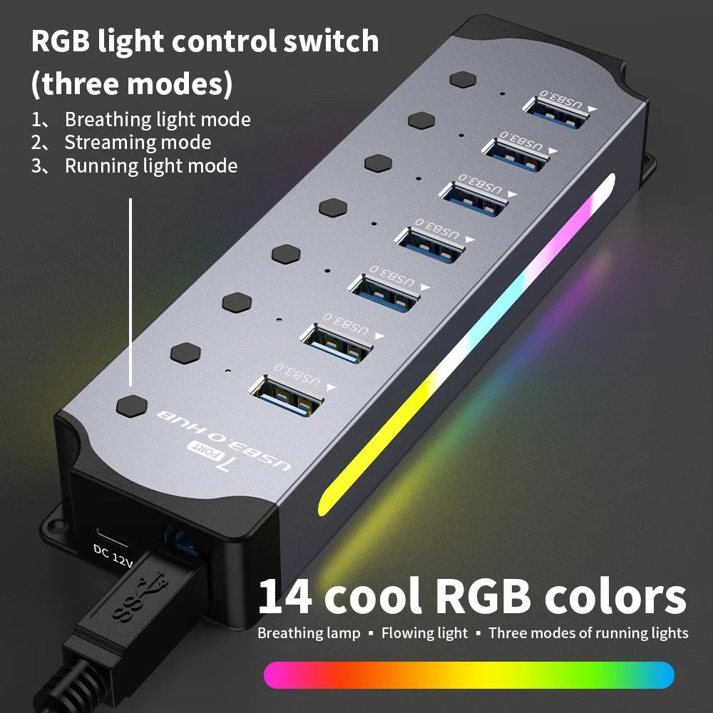 YX-H307 7 Port USB 3.0 Hub with Individual On / Off Switches and Lights 5Gbps Data Transfer for Laptop  /  PC - 7