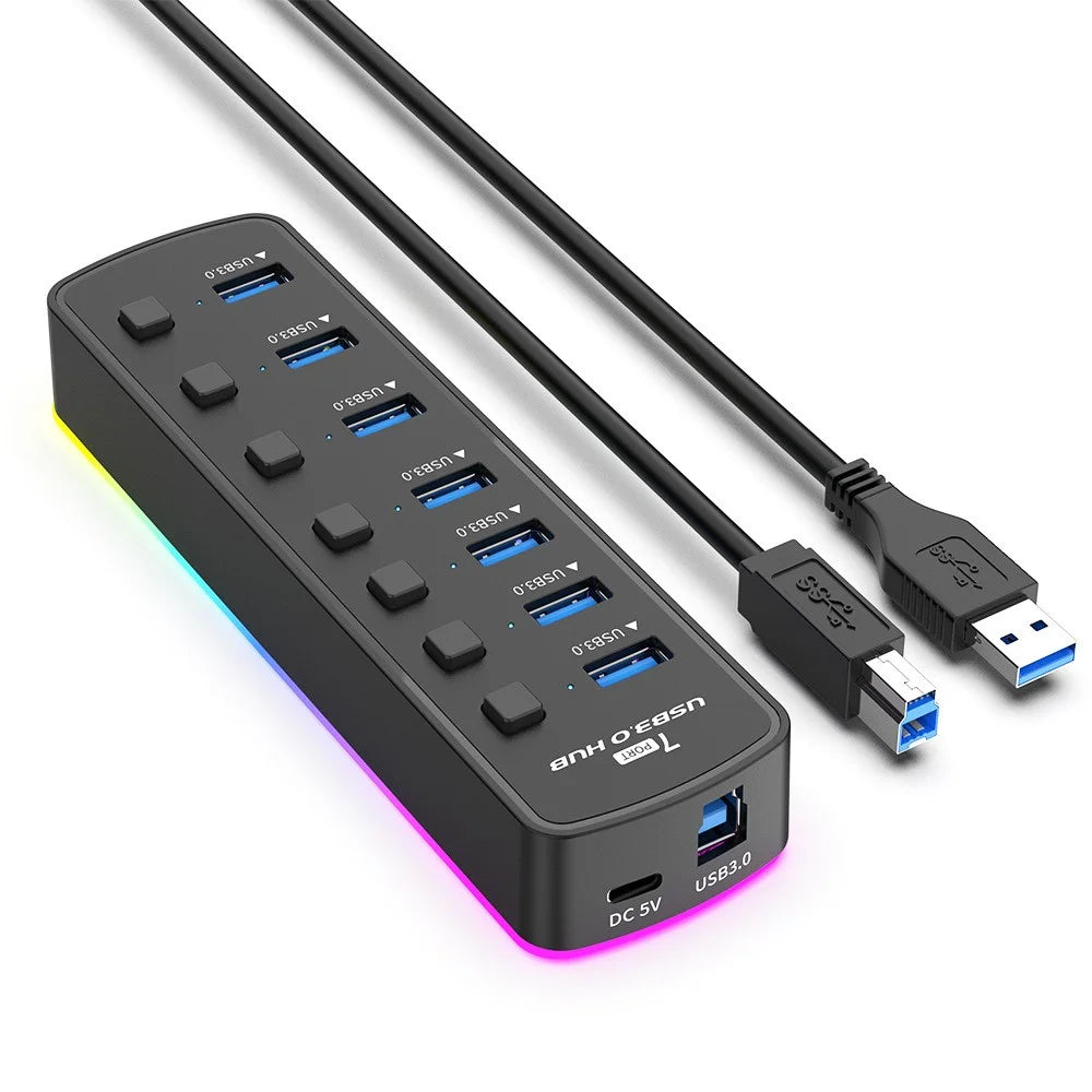 U307 7-Port USB 3.0 Hub Splitter with Individual Switches and 14 RGB Lighting Modes for Computer TV - 1