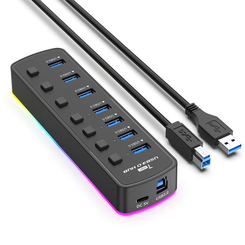 U307 7-Port USB 3.0 Hub Splitter with Individual Switches and 14 RGB Lighting Modes for Computer TV - 1