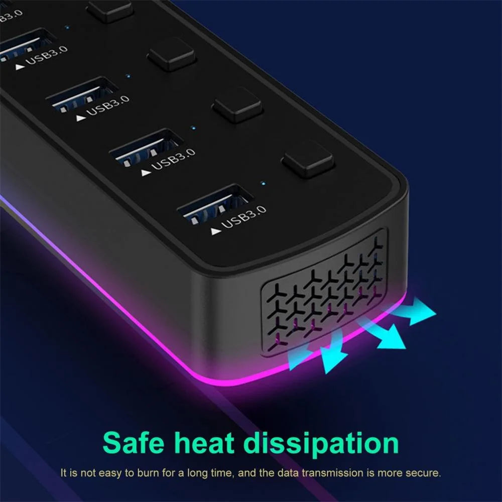 U307 7-Port USB 3.0 Hub Splitter with Individual Switches and 14 RGB Lighting Modes for Computer TV - 2