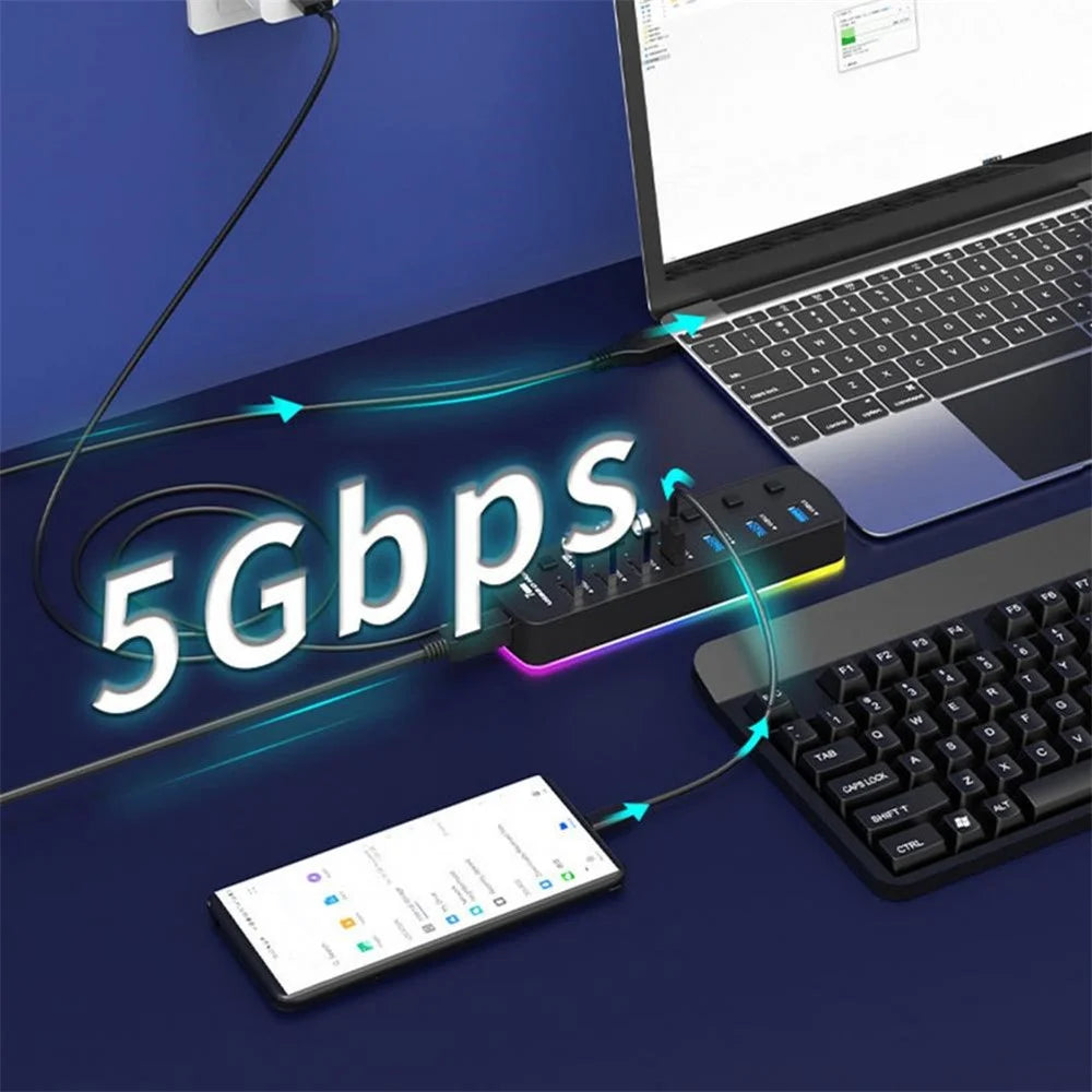 U307 7-Port USB 3.0 Hub Splitter with Individual Switches and 14 RGB Lighting Modes for Computer TV - 4