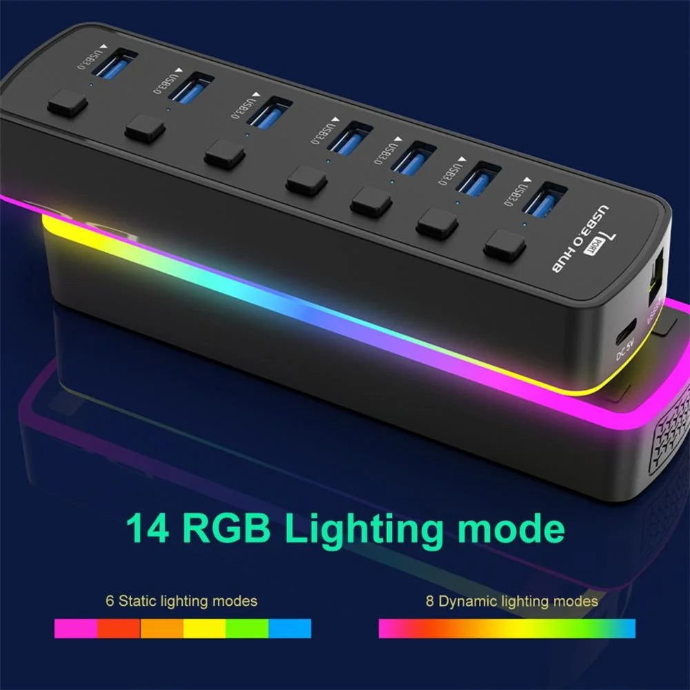 U307 7-Port USB 3.0 Hub Splitter with Individual Switches and 14 RGB Lighting Modes for Computer TV - 5